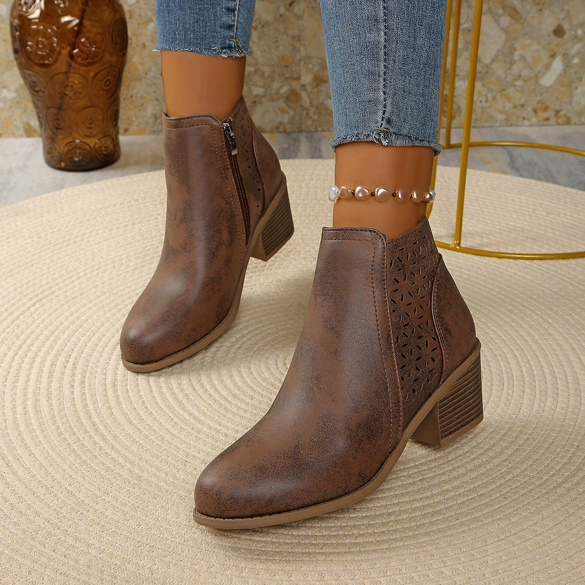 🔥 Women's Chunky Mid-Heel Slip-On Leather Orthopaedic Ankle Boots