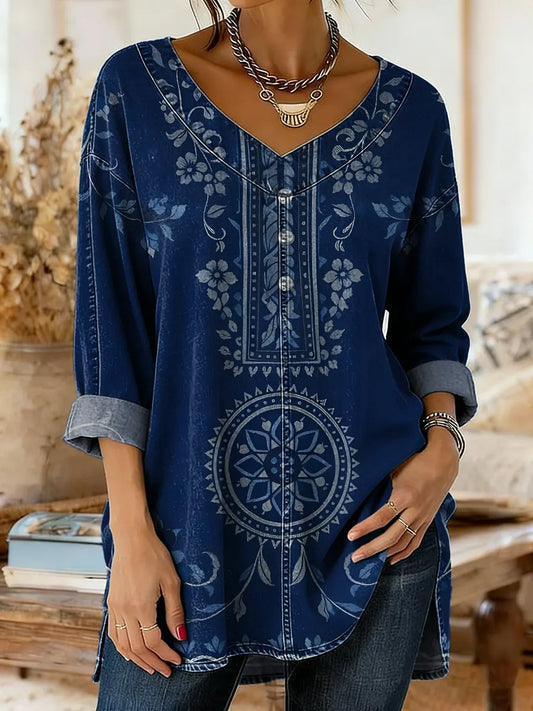 Ethnicity Geometry Flowers Totem Women's Art Print Casual Washed Denim Cotton Top