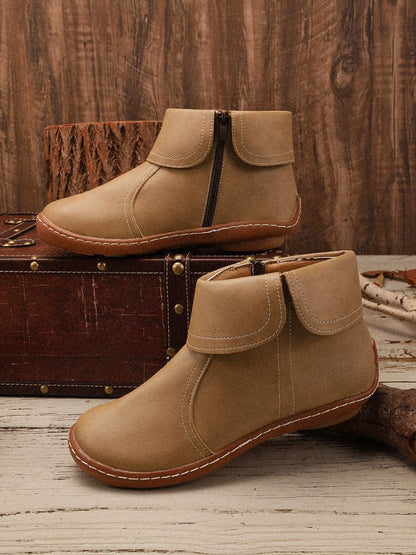 Women Hemmed Zip Casual Plain Round Toe Short Boots With Flat Heel