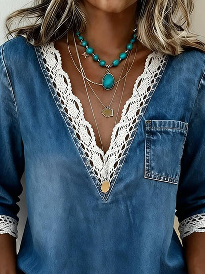 Women'S Casual V-Neck Lace Patch Denim Shirt