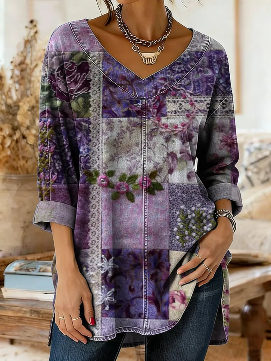 Women's Vintage Purple Floral Patchwork Art Print Casual Washed Denim Cotton Top