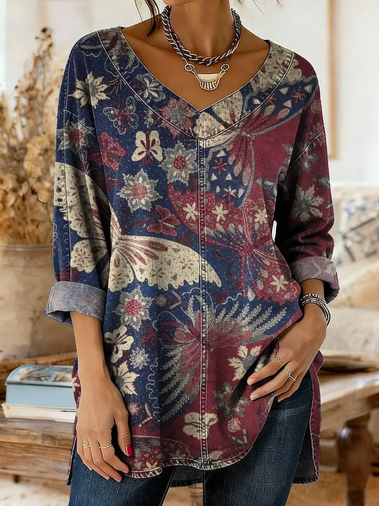 Women's Vintage Butterfly Floral Print Artistic Washed Denim Cotton Shirt