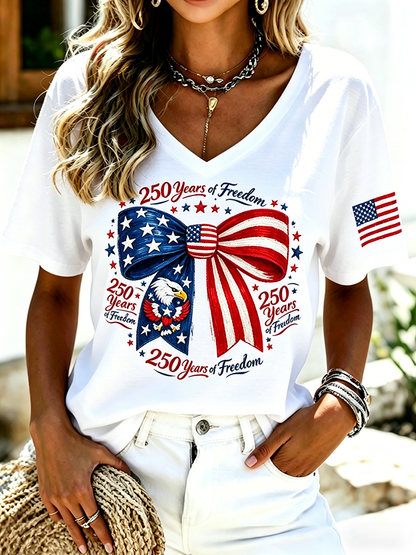 250 Years Of Freedom Eagle Bow Tie American Flag V Neck Tee