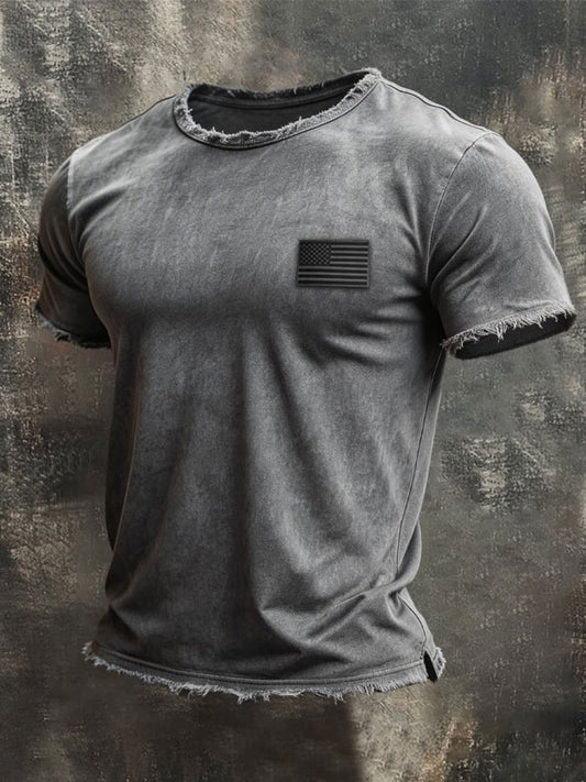 Men'S Retro Style Loose Cuff 100% Cotton Washed And Faded T-Shirt