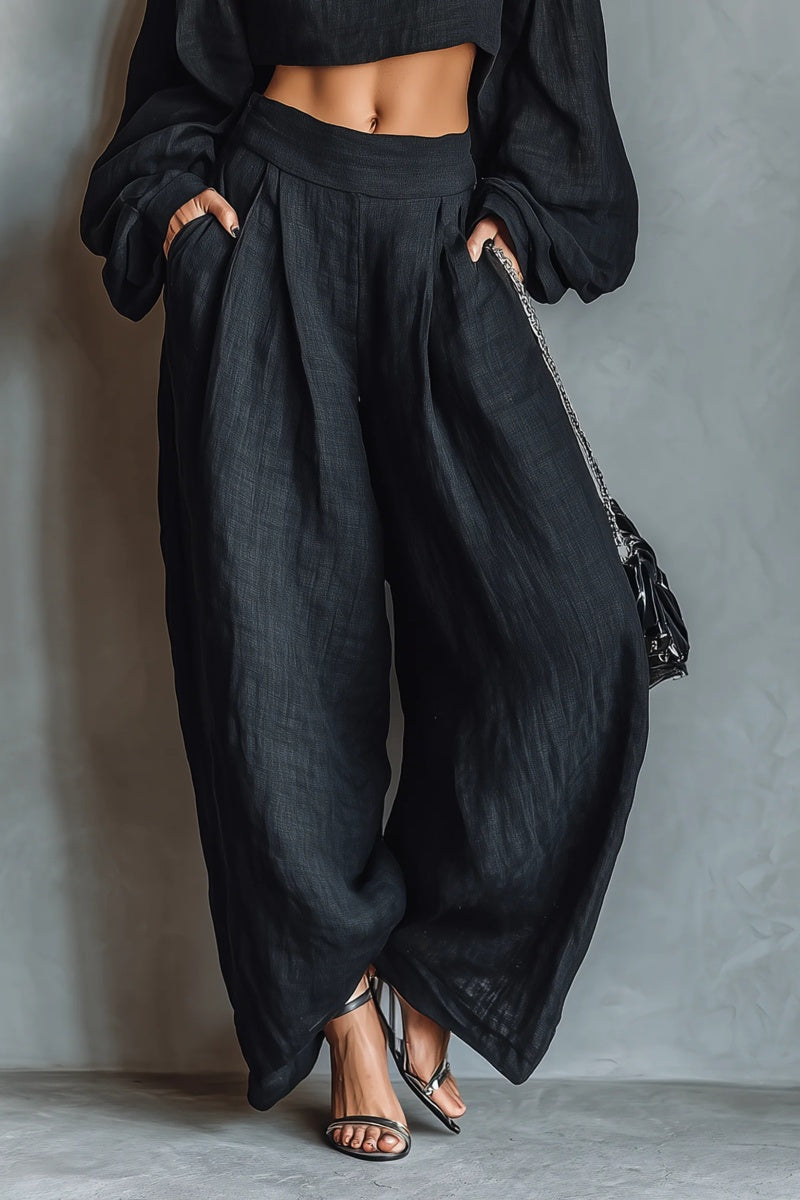 Women's Minimalist Linen Blend Strapless Long-sleeved Blouse And Wide-leg Pants Set