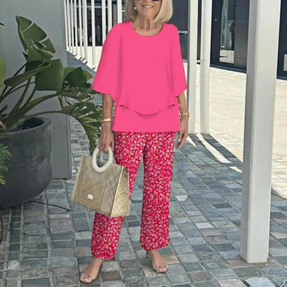 Women's Round Neck Mid-Sleeve Top With Floral Print Pants Set Two-Piece