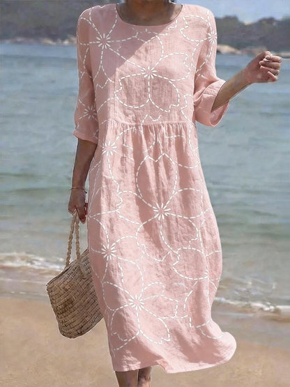 Women's Casual  Round Neck Mid Sleeve Print Cotton and Linen Dress