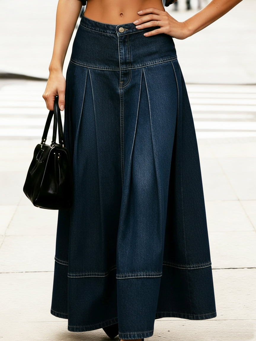 Stylish Wide-pleated 100% Cotton Denim Skirt