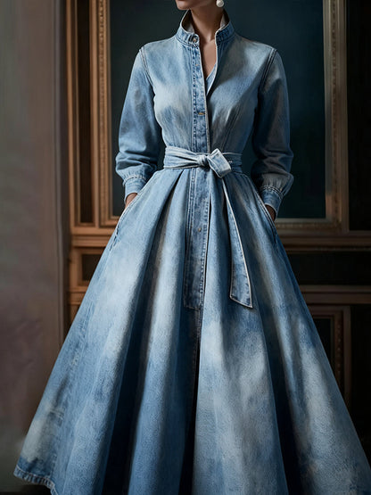 Ursime Light Blue Denim Stand Collar Long Sleeve Pocket Pleated Belt Maxi Dress
