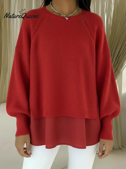 Women's Comfortable Patchwork Faux Two-piece Lantern Sleeve Sweater