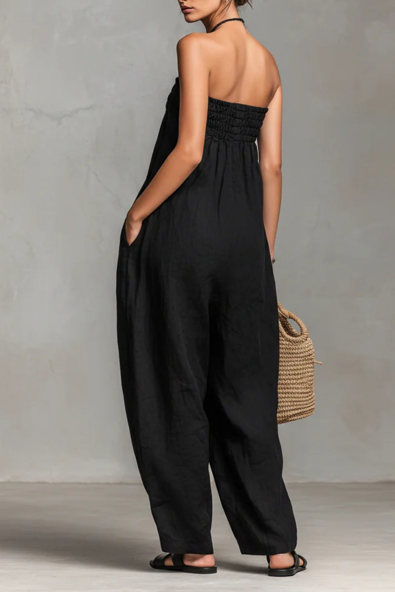 Women's Minimalist Loose-fitting Linen Blend Strapless Jumpsuit With Tie Closure