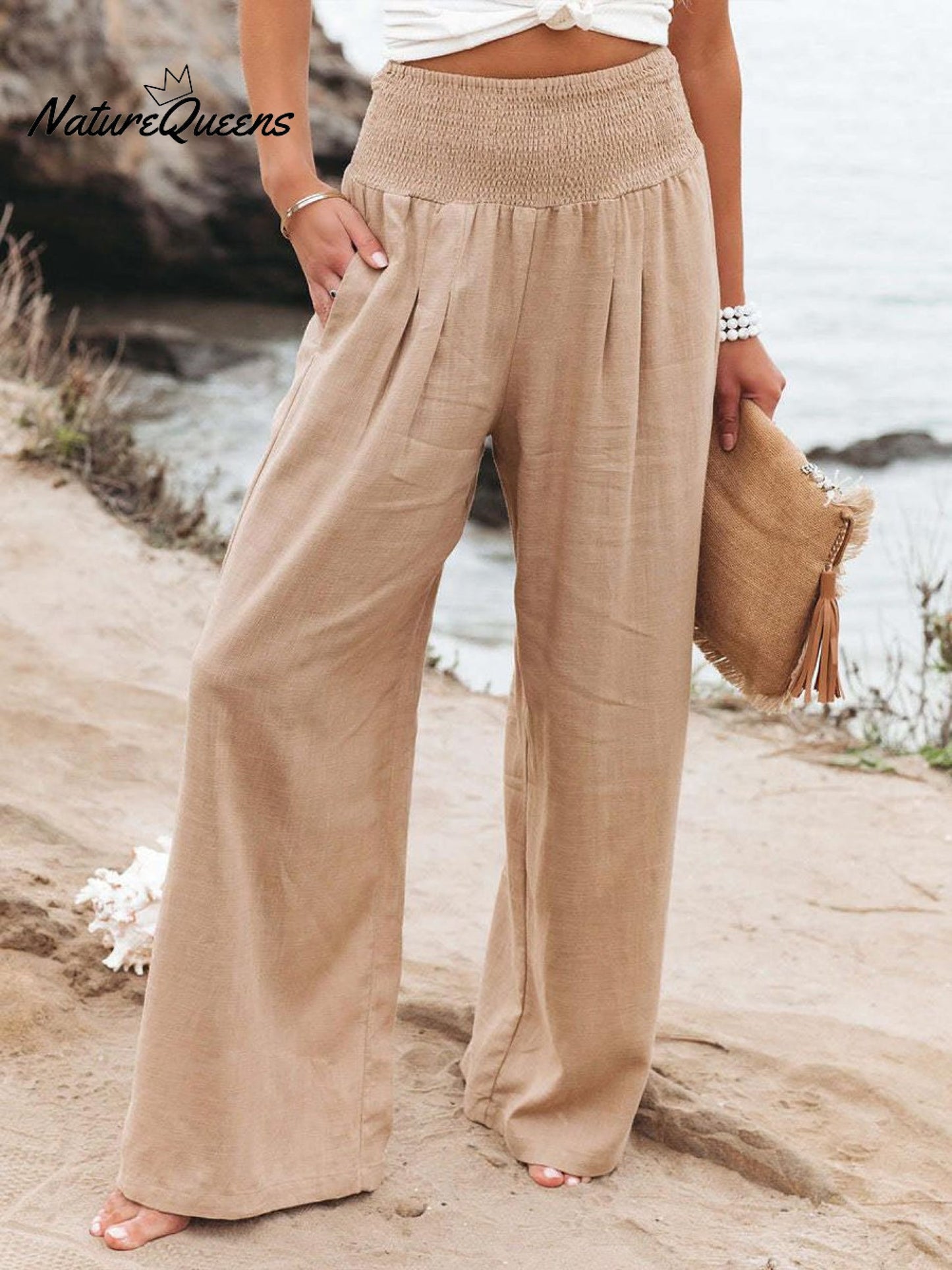 Women's Cotton and Linen Elasticated Waist-waisted Wide-leg Pants