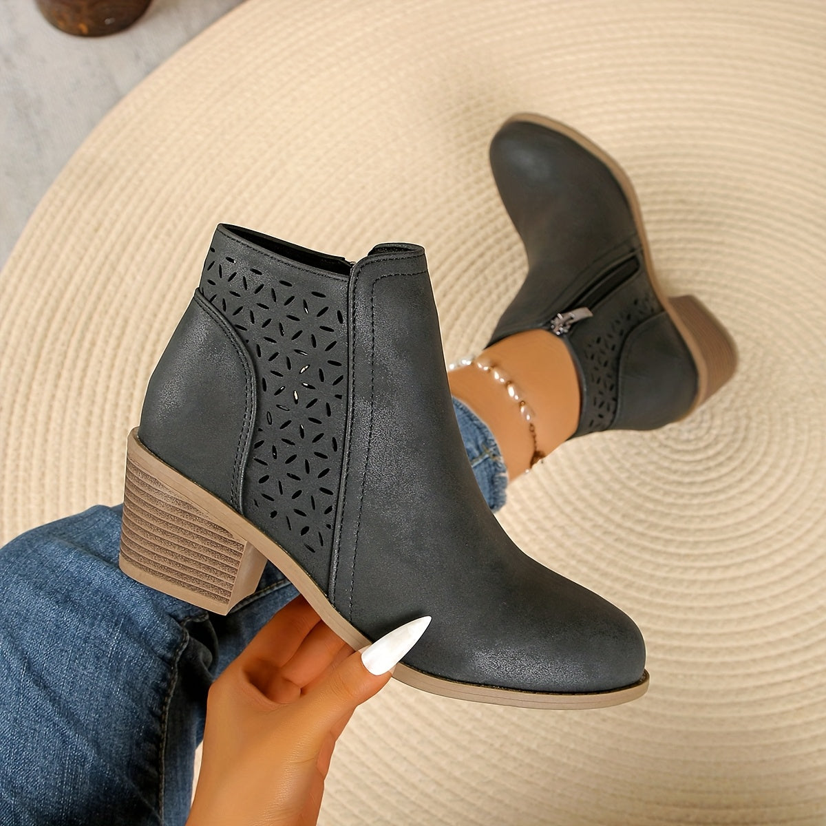 🔥 Women's Chunky Mid-Heel Slip-On Leather Orthopaedic Ankle Boots