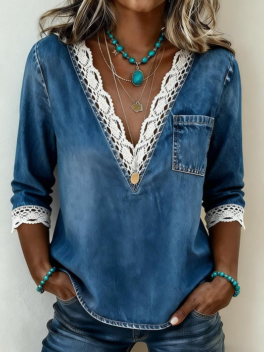 Women'S Casual V-Neck Lace Patch Denim Shirt
