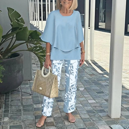 Women's Round Neck Mid-Sleeve Top With Floral Print Pants Set Two-Piece