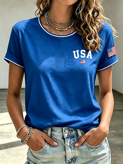 Ladies' Casual USA Commemorative Round Neck Short Sleeved T-Shirt