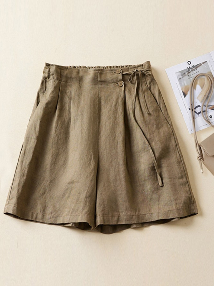 Women's Semi-elastic High Waist Solid Color Casual Cotton and Linen Wide Leg Shorts