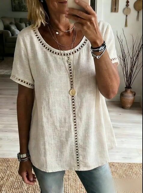 Women's Casual Solid Color Cotton Linen Hollow-Out Top
