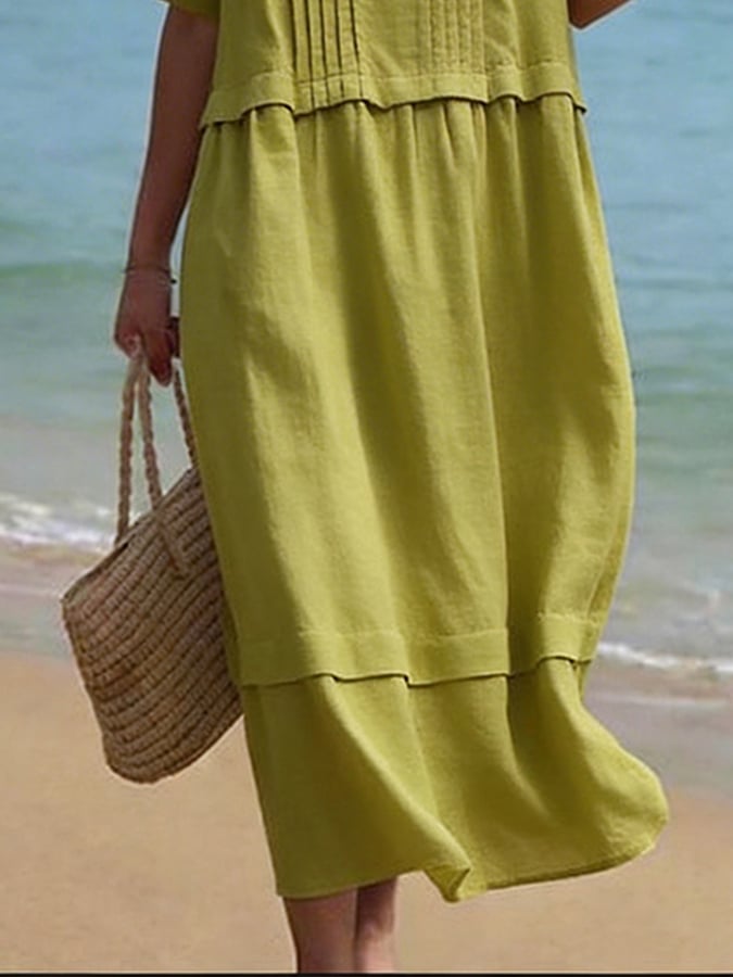 Women's Casual Round-Neck Pleated Patchwork Dress