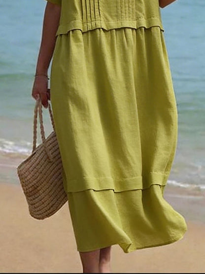 Women's Casual Round-Neck Pleated Patchwork Dress