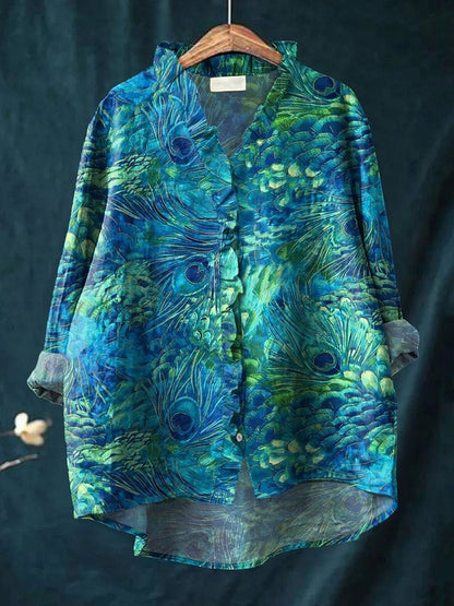 Women's Peacock Feather Pattern Art Print Casual Cotton Linen V-neck Shirt