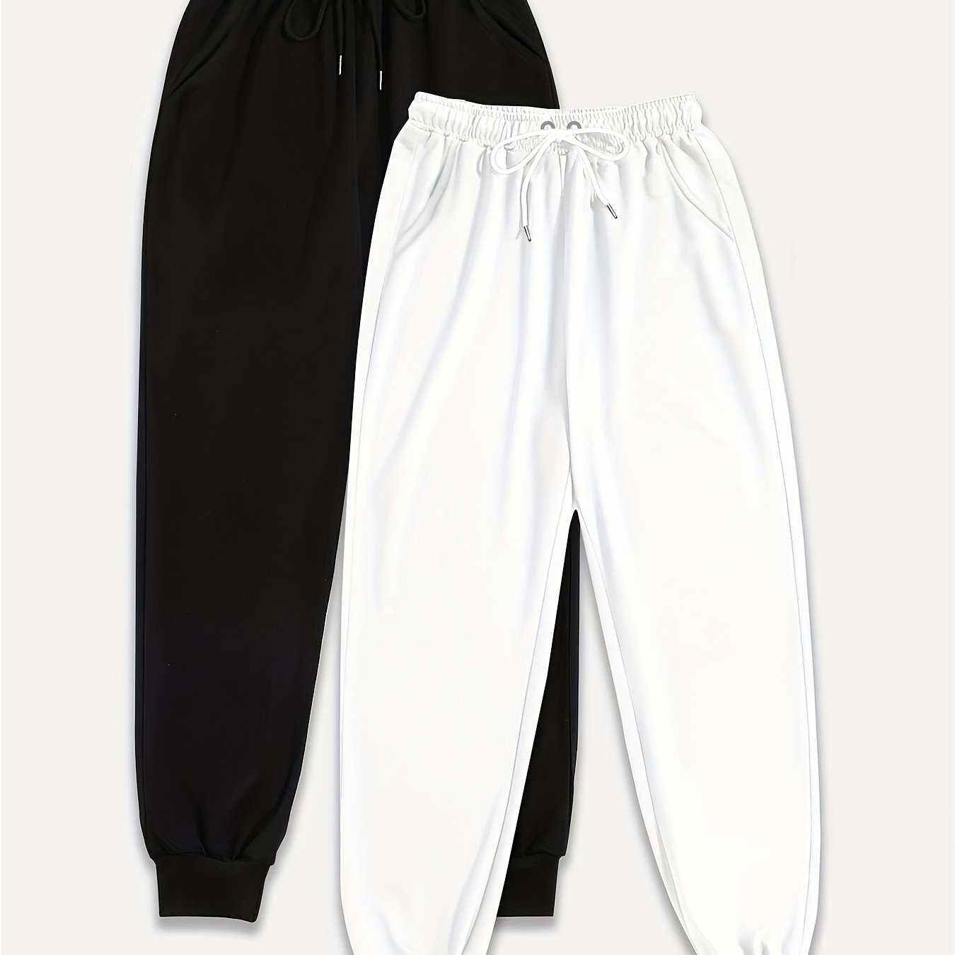 Two Pack Pants, Solid Drawstring High Waisted Sweatpants, Casual Every Day Pants, Women's Clothing