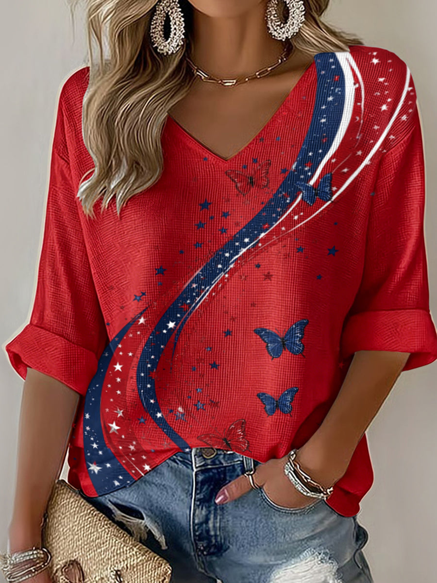 Women's American Flag Printed Casual Waffle Long Sleeve T-shirt