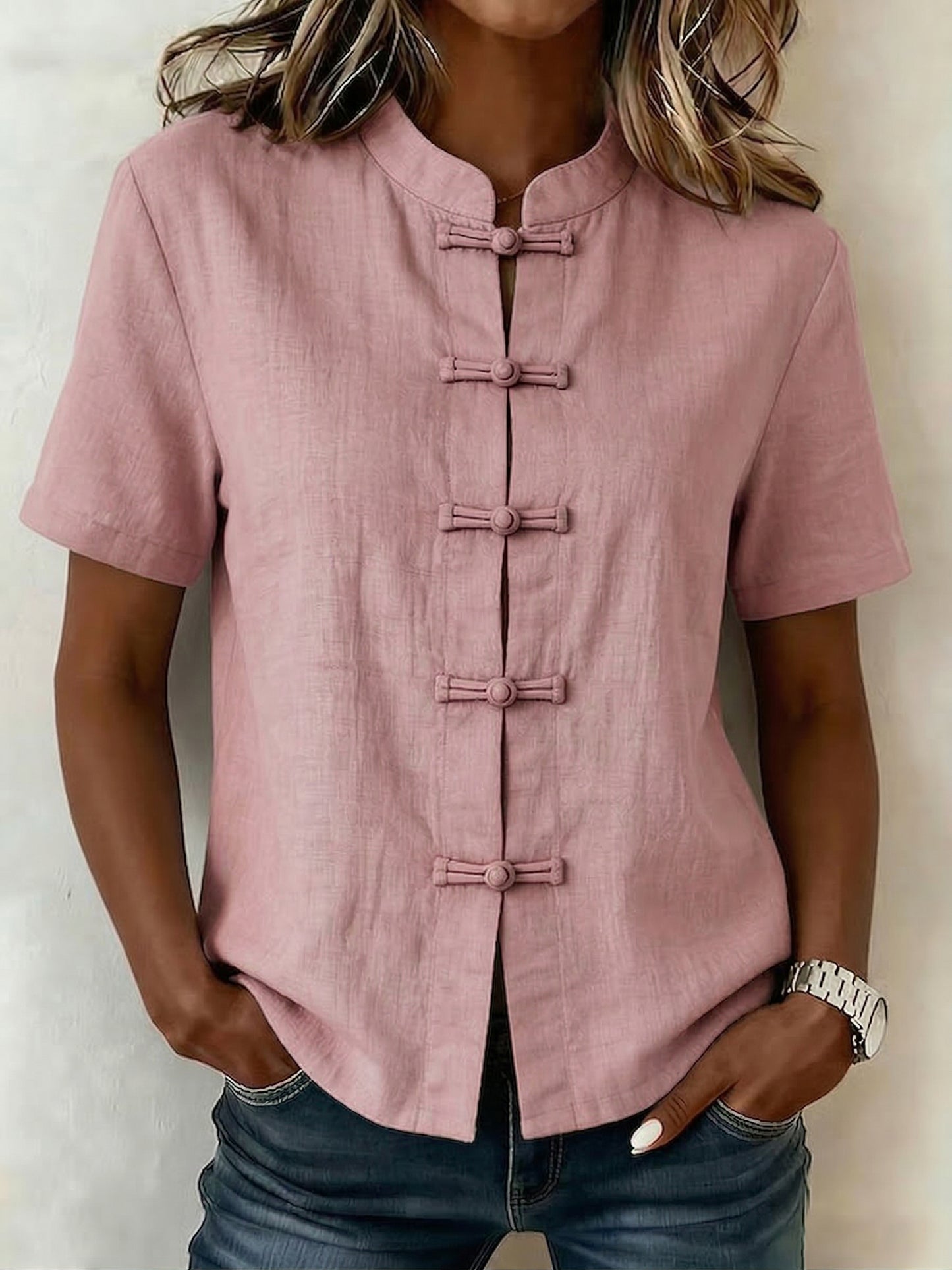 Casual Stand-up Collar Frog Buttons Cotton Linen Shirt