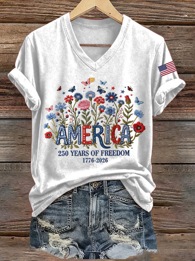 Women's 250th Anniversary Freedom Print V-Neck T-Shirt