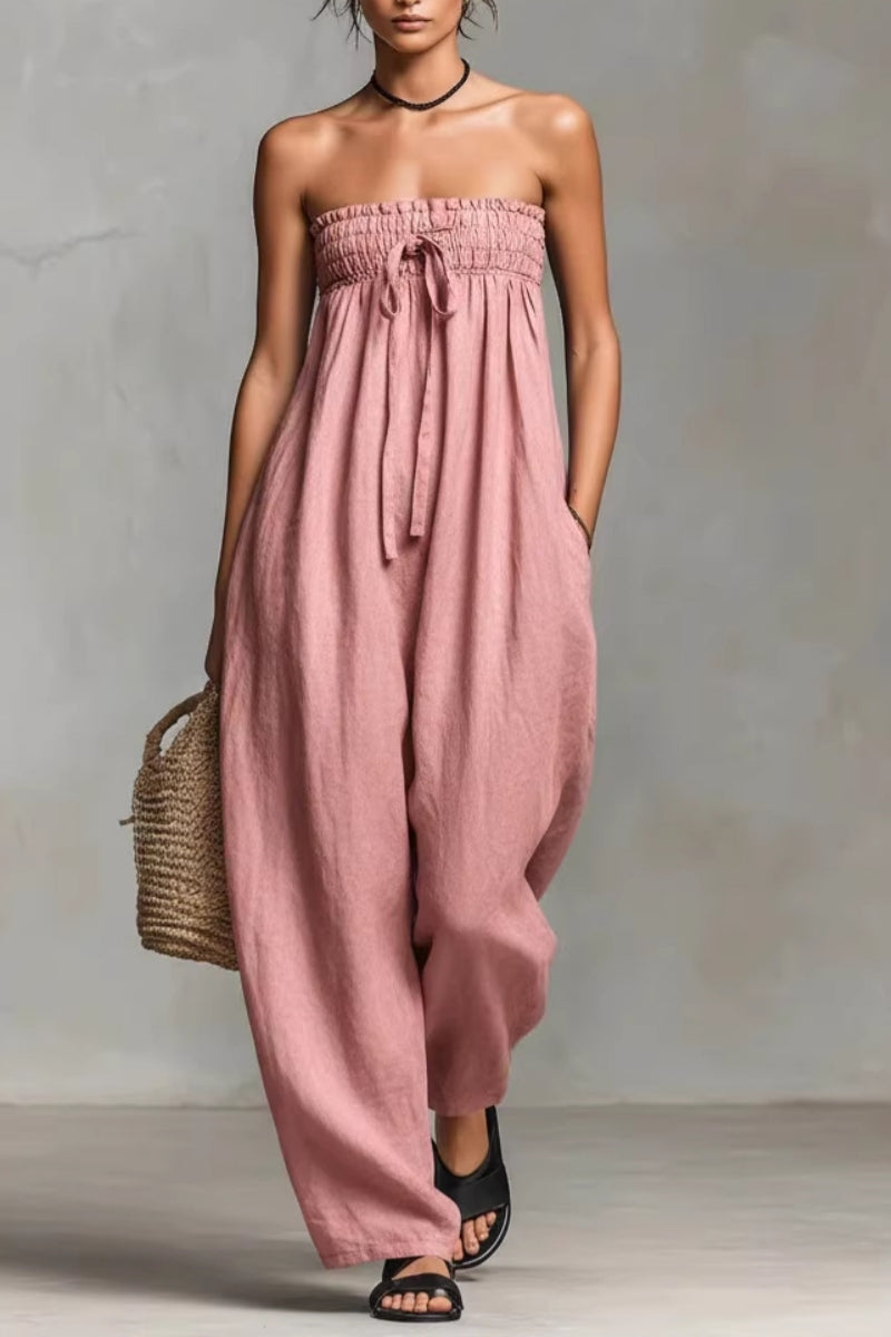 Women's Minimalist Loose-fitting Linen Blend Strapless Jumpsuit With Tie Closure
