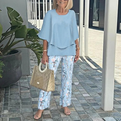 Women's Round Neck Mid-Sleeve Top With Floral Print Pants Set Two-Piece