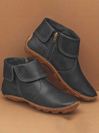 Women Hemmed Zip Casual Plain Round Toe Short Boots With Flat Heel