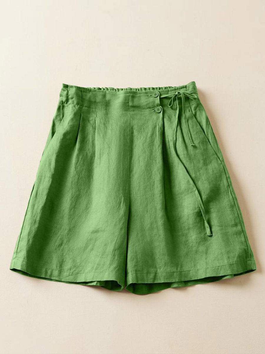 Women's Semi-elastic High Waist Solid Color Casual Cotton and Linen Wide Leg Shorts