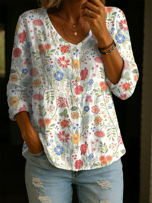 Women's Elegant Floral Decorative Pattern Linen And Cotton Shirt