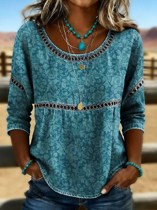 Women's Casual Retro Floral Print Cotton-Linen Cutout Top