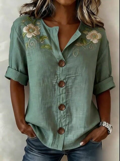 Women's Casual Embroidered Short-Sleeve Cotton-Linen Top