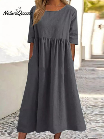 5-quarter Sleeve Casual Loose Solid Color Cotton and Linen Dress