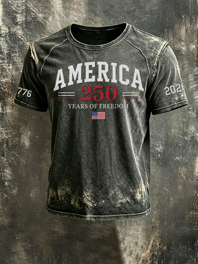 Men'S 250th Anniversary  Casual Washed Cotton And Linen Raglan Short Sleeved T-Shirt