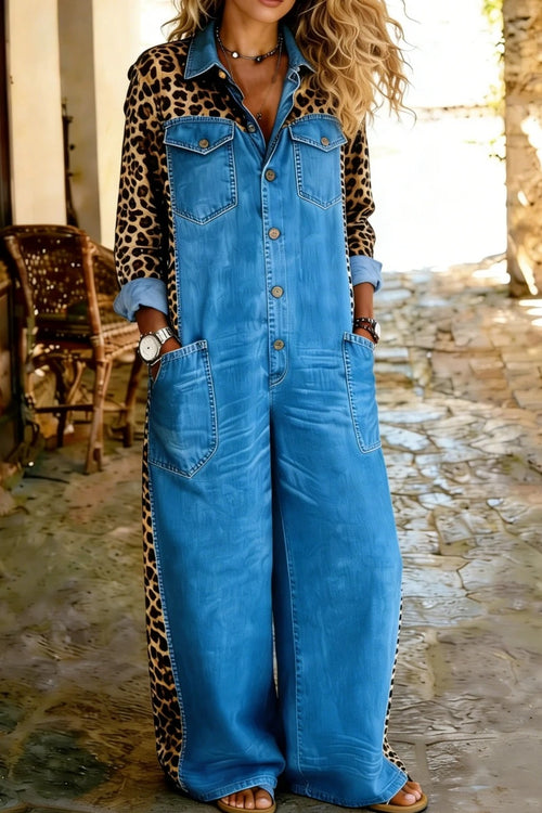 Women's Casual Long-Sleeved Pocket Leopard Print Denim Jumpsuit