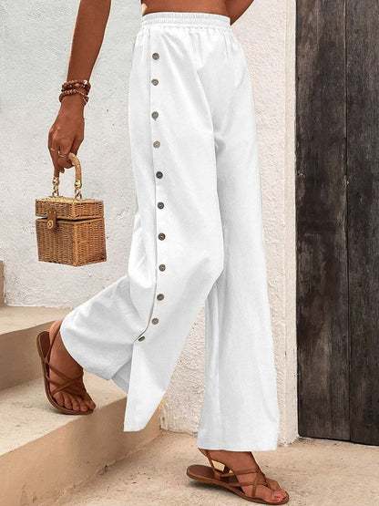 Cotton Casual Plain Button Detail Elastic Waist Wide Leg Pant