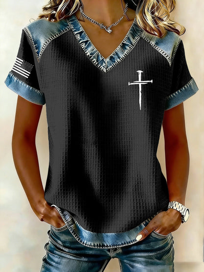 Women's Retro Faith Print Casual Waffle Knit Short-Sleeved T-Shirt
