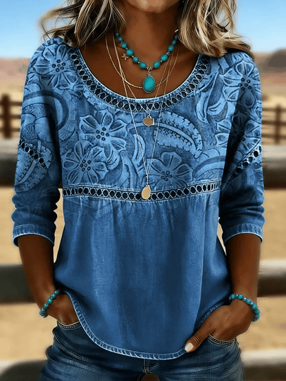 Women's Casual Western Floral Print Cotton Linen Hollow-Out Top