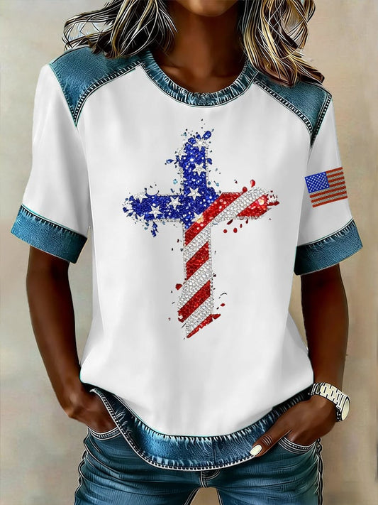 Women's casual retro American patriotic faith T-shirt