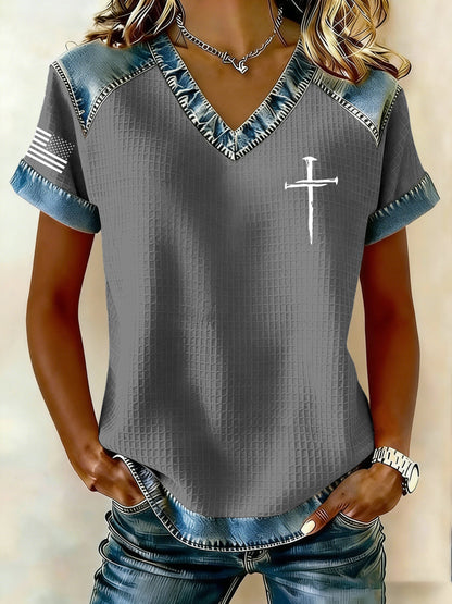 Women's Retro Faith Print Casual Waffle Knit Short-Sleeved T-Shirt