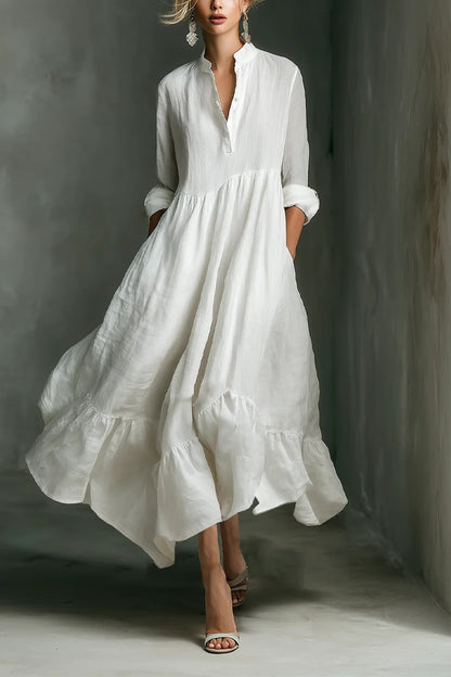 Women's White Long-sleeved Ruffled Maxi Dress