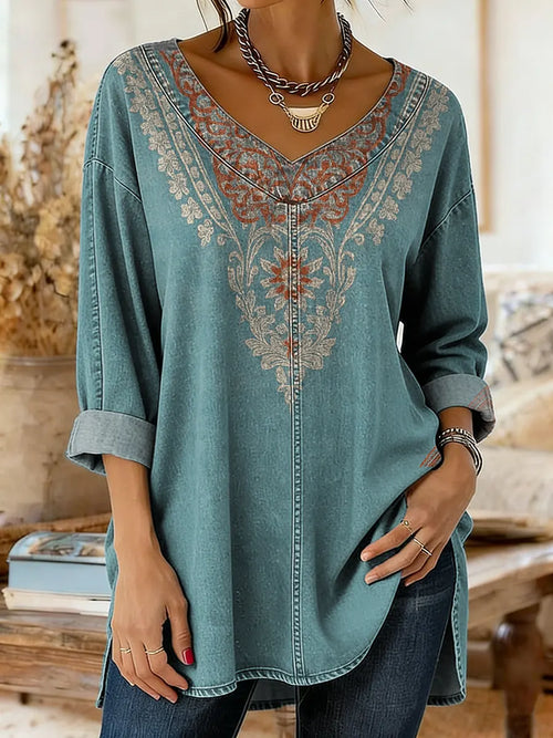 Ethnicity Totem Geometry Women's Art Print Casual Washed Denim Cotton Top