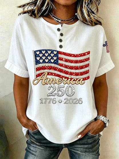 Women'S Casual America Flag Print Cotton Linen Button-Down Shirt