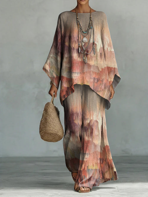 Gradient Decorative Pattern Casual Long Sleeve Cotton Linen Top And Pants