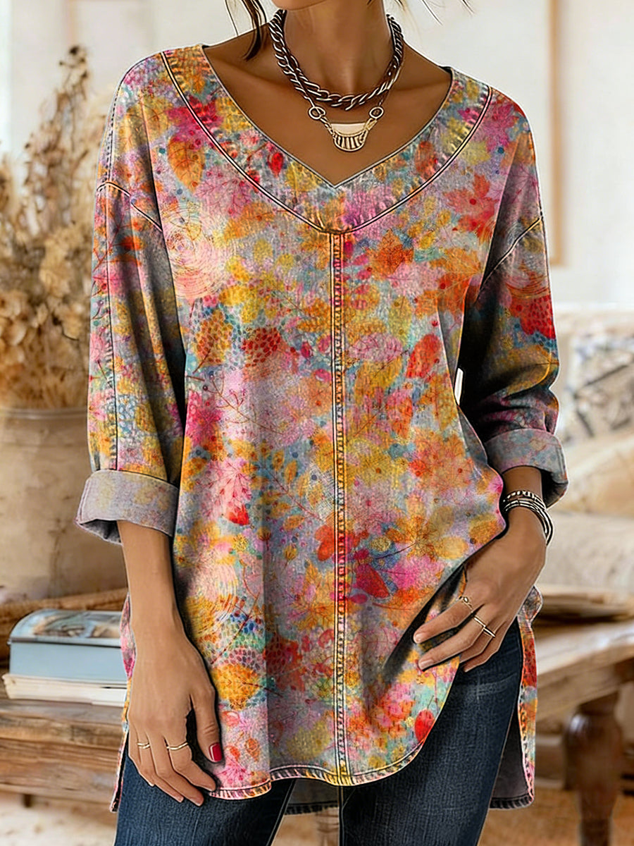 Women's Retro Colorful Floral Art Print Casual V-neck Washed Cotton Denim Top