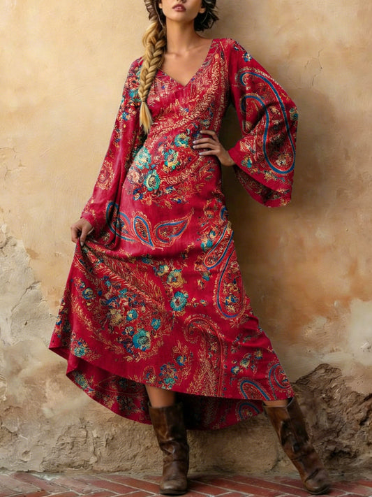 Women's Retro Western Paisley Print Casual V-Neck Dress